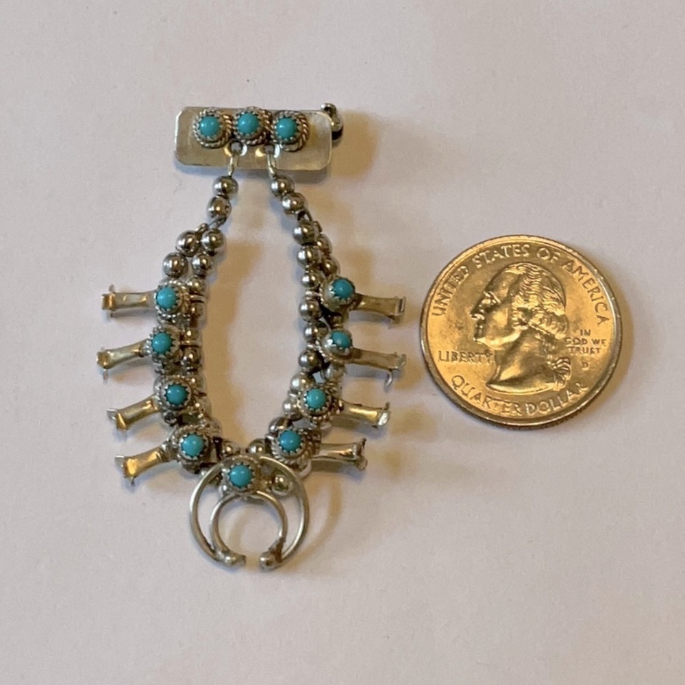 Turquoise Sterling Silver Mini Squash Blossom Necklace Pin Brooch. - Picture 2 of 6